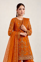 Rustic Orange Embroidered Organza 3-Piece Suit with Gharara