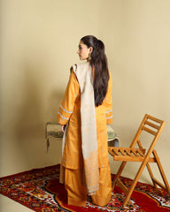 3-Piece Doria Embroidered Lawn Suit – Chikankari Daman, Farshi Shalwar - Golden Brown
