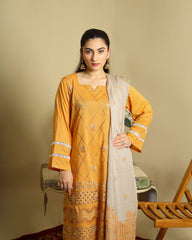 3-Piece Doria Embroidered Lawn Suit – Chikankari Daman, Farshi Shalwar - Golden Brown