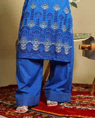 3-Piece Doria Embroidered Lawn Suit – Chikankari Daman, Farshi Shalwar - Blue