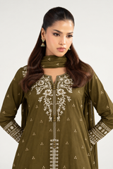Olive Embroidered Viscose 3-Piece Suit — Crinkle Printed Dupatta