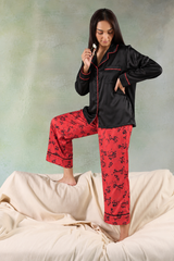 Black & Coral Floral Shamoz Silk Pajama Set