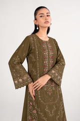 Olive Embroidered 3-Piece Viscose Suit with Printed Chiffon Dupatta