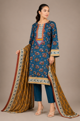 Blue Floral Printed 3-Piece Lawn Suit | Digital Print Kurta, Trouser & Dupatta