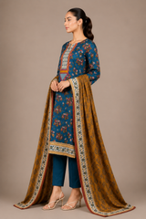 Blue Floral Printed 3-Piece Lawn Suit | Digital Print Kurta, Trouser & Dupatta