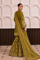 Olive Embroidered Organza 3-Piece Suit with Gharara