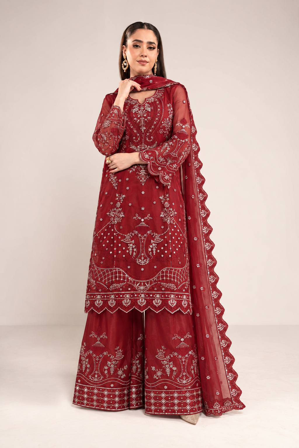 Maroon Embroidered Pure Organza 3-Piece Suit with Embroidered Organza Dupatta