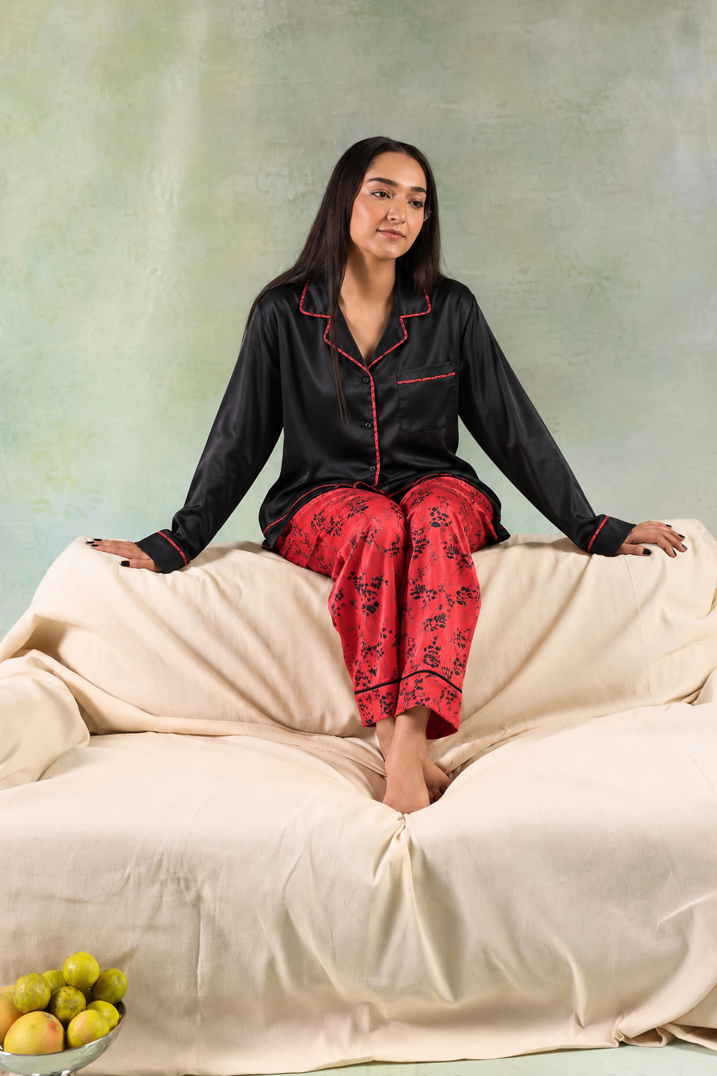 Black & Coral Floral Shamoz Silk Pajama Set