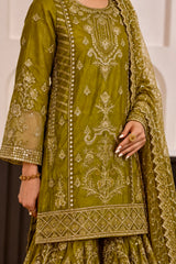Olive Embroidered Organza 3-Piece Suit with Gharara