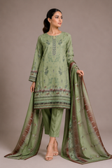 3-Piece Doria Lawn Suit with Full Embroidered Shirt with Printed Daman and Printed Dupatta - Army Green