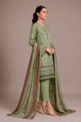 3-Piece Doria Lawn Suit with Full Embroidered Shirt with Printed Daman and Printed Dupatta - Army Green