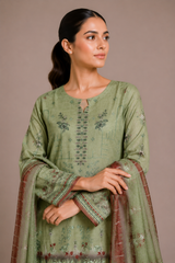 3-Piece Doria Lawn Suit with Full Embroidered Shirt with Printed Daman and Printed Dupatta - Army Green