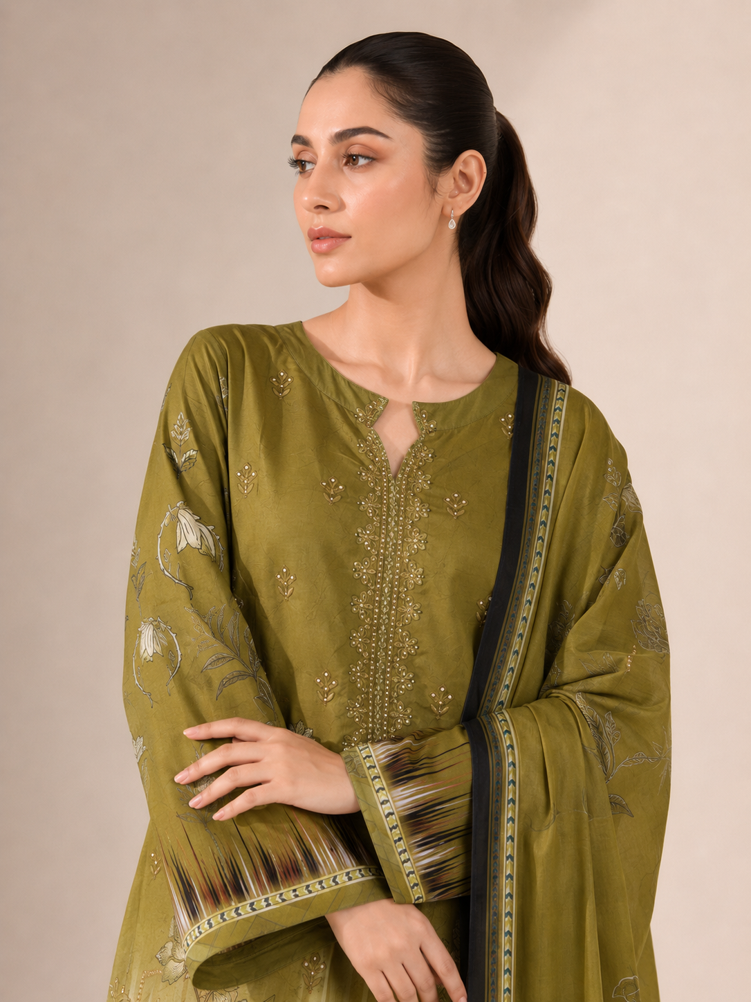 3-Piece Doria Lawn Suit with Full Embroidered Shirt with Printed Daman and Printed Dupatta - Army green