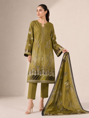 3-Piece Doria Lawn Suit with Full Embroidered Shirt with Printed Daman and Printed Dupatta - Army green