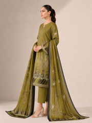 3-Piece Doria Lawn Suit with Full Embroidered Shirt with Printed Daman and Printed Dupatta - Army green