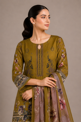 3-Piece Doria Lawn Suit with Full Embroidered Shirt with Printed Daman and Printed Dupatta - Golden Brown