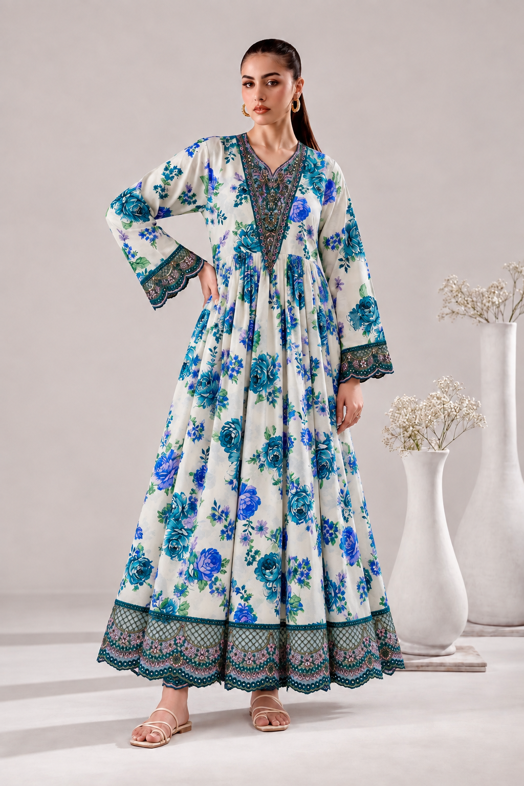 Ivory Floral Print Frock with Embroidered Neckline