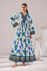 Ivory Floral Print Frock with Embroidered Neckline