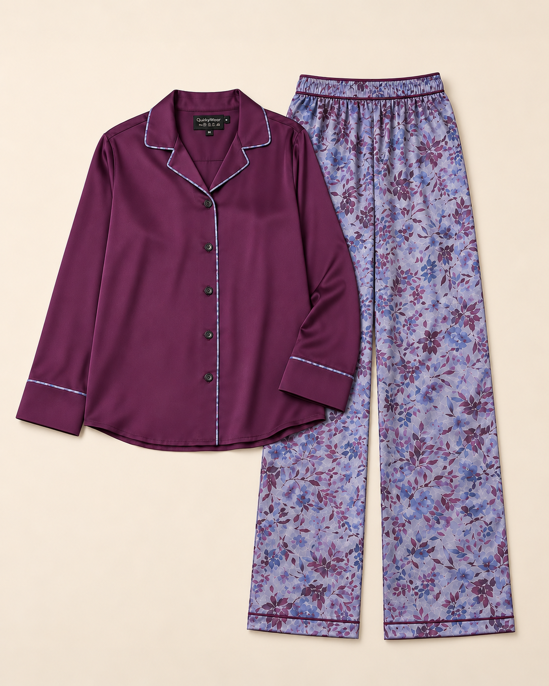 Deep Plum & Lavender Floral Shamoz Silk Pajama Set