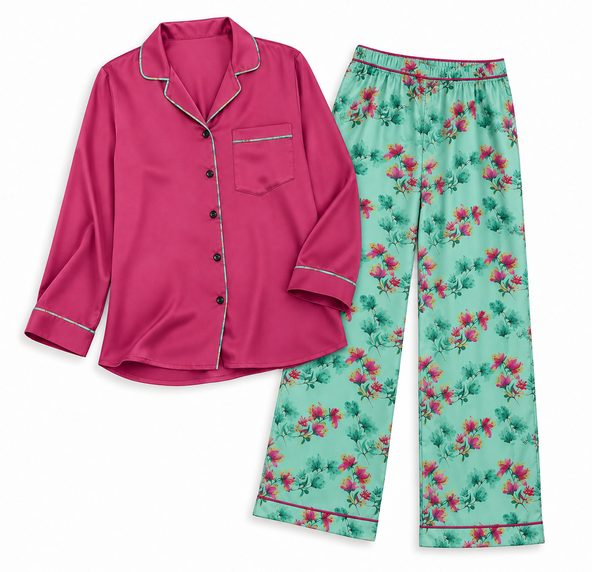 Magenta & Mint Floral Shamoz Silk Pajama Set