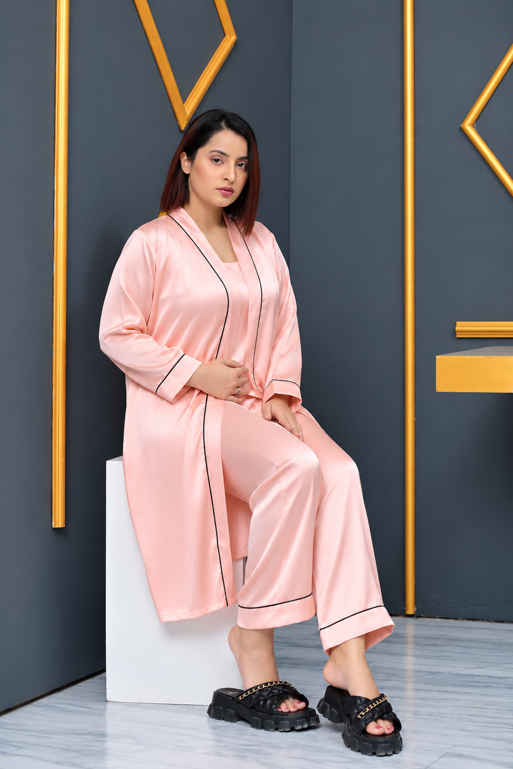 T-Pink Shamoz Silk 3 Piece Gown Set