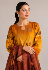 Yellow Floral Printed 3-Piece Lawn Suit | Digital Print Kurta, Trouser & Dupatta