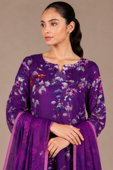 Purple Floral Printed 3-Piece Lawn Suit | Digital Print Kurta, Trouser & Dupatta