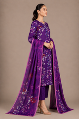 Purple Floral Printed 3-Piece Lawn Suit | Digital Print Kurta, Trouser & Dupatta
