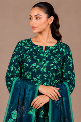 Green Floral Printed 3-Piece Lawn Suit | Digital Print Kurta, Trouser & Dupatta