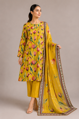 Yellow Floral Printed 3-Piece Lawn Suit | Digital Print Kurta, Trouser & Dupatta