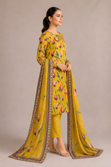 Yellow Floral Printed 3-Piece Lawn Suit | Digital Print Kurta, Trouser & Dupatta