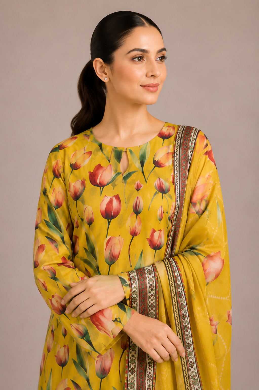 Yellow Floral Printed 3-Piece Lawn Suit | Digital Print Kurta, Trouser & Dupatta