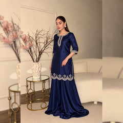 Midnight navy Shamoz silk two-piece set full-length view