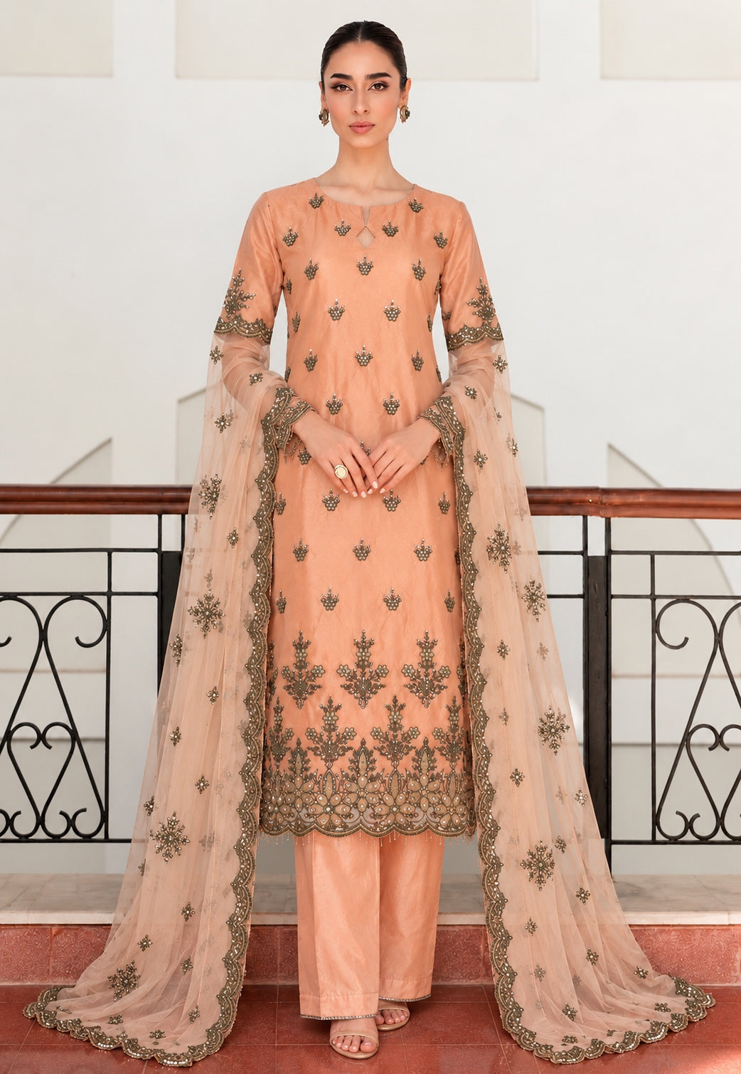 Peach embroidered three-piece suit front view with net dupatta