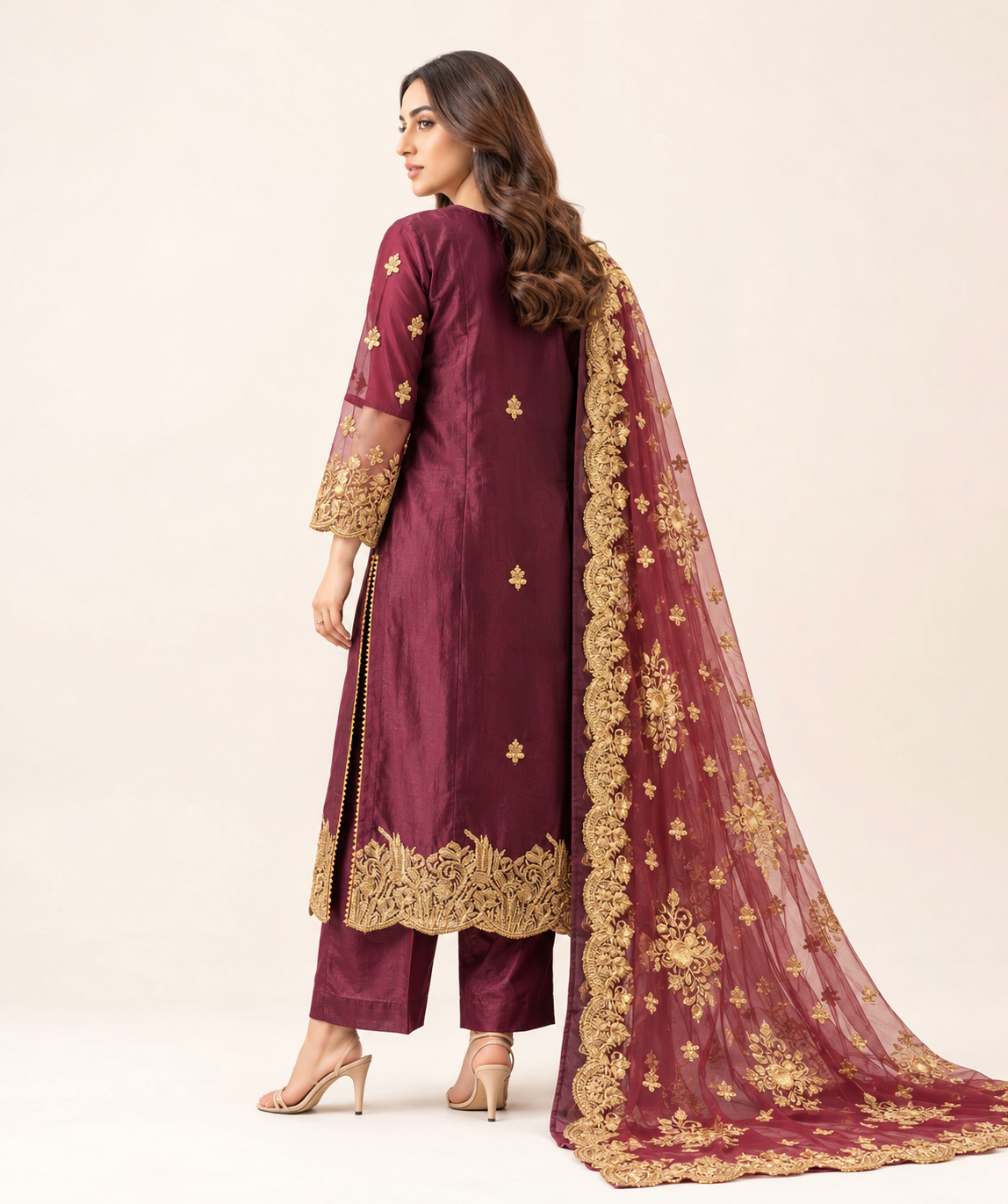 Wine-maroon embroidered three-piece suit — back view