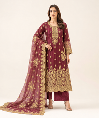 Wine-maroon embroidered three-piece suit with sheer embroidered dupatta — front view