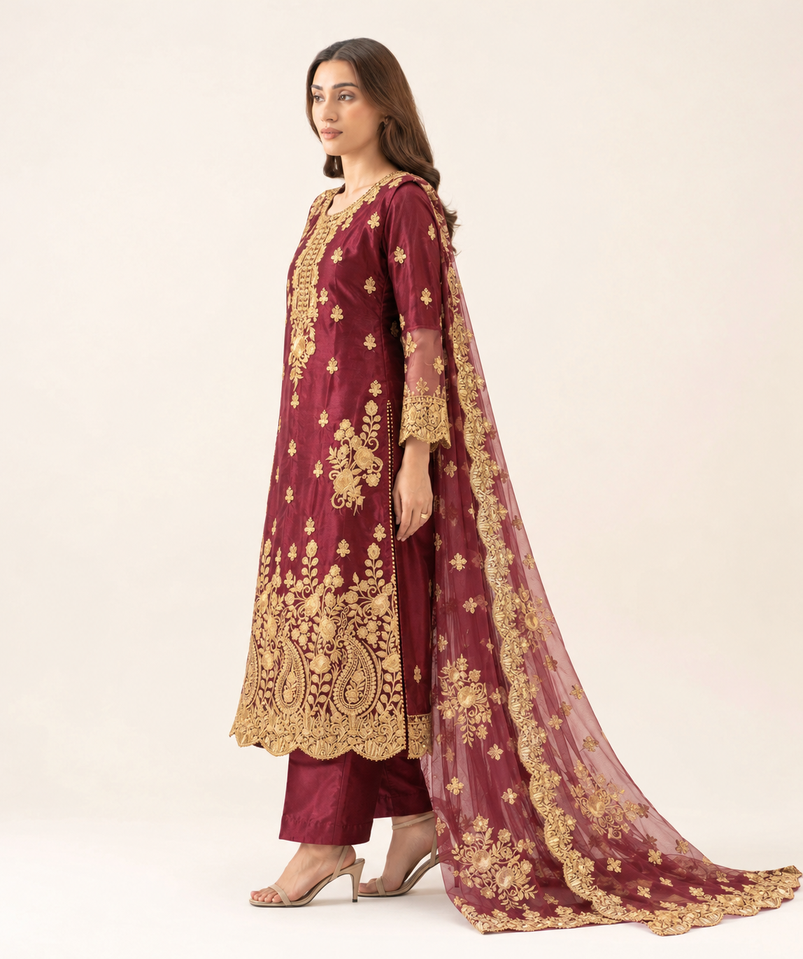 Wine-maroon embroidered three-piece suit — side view