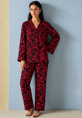 Crimson red floral imported linen pajama set, front view