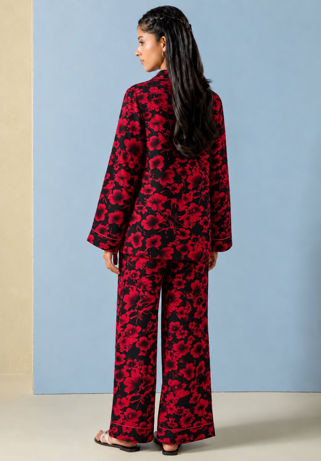Crimson red floral imported linen pajama set, back view