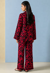 Crimson red floral imported linen pajama set, back view