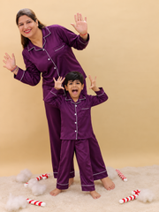 Mother and son wearing matching indigo Shamoz silk pajamas
