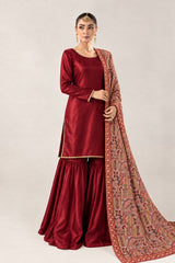 Maroon silk 3 piece suit with embroidered organza shawl - front