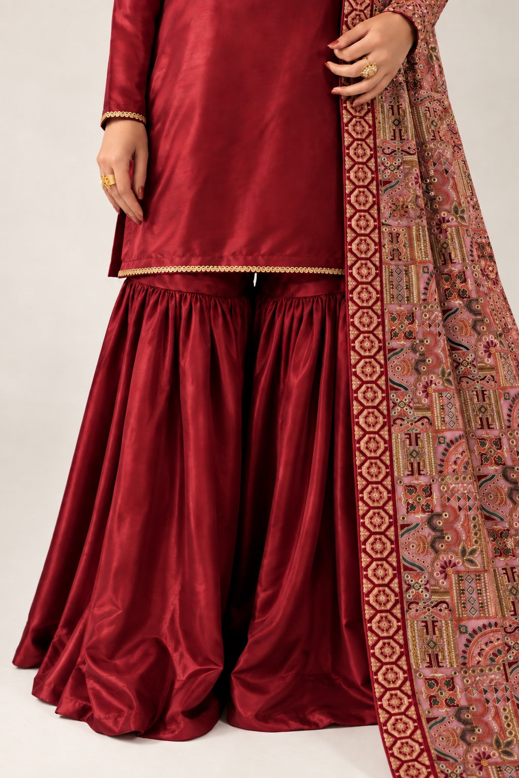 Maroon silk suit - trouser and shawl detail