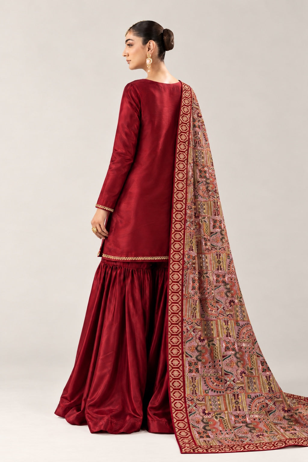 Maroon silk 3 piece suit - back view