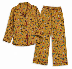 Mustard golden multicolour leaf print imported linen pajama set