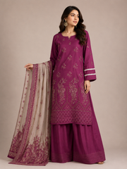 3-Piece Doria Embroidered Lawn Suit – Chikankari Daman, Farshi Shalwar - Purple