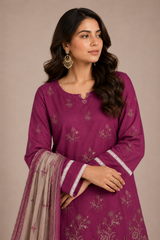 3-Piece Doria Embroidered Lawn Suit – Chikankari Daman, Farshi Shalwar - Purple