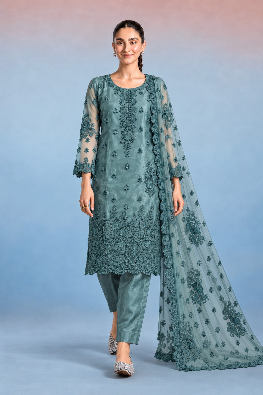 Sea green embroidered net three-piece suit front view