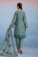 Sea green suit back view with embroidered net dupatta