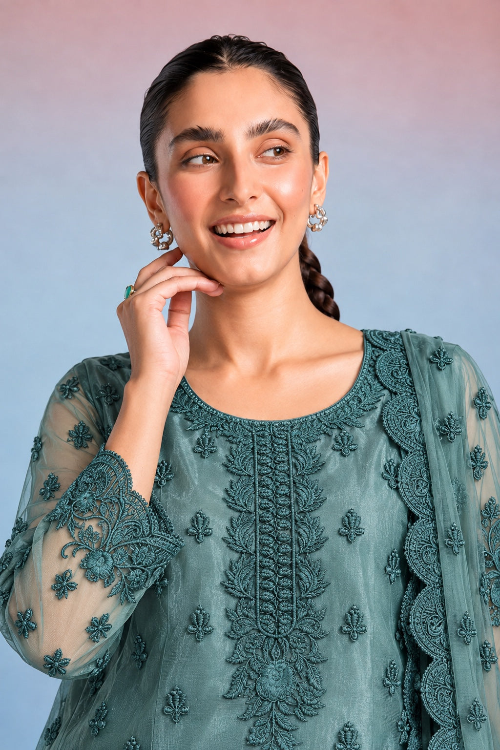 Sea green embroidered neckline and shirt detail